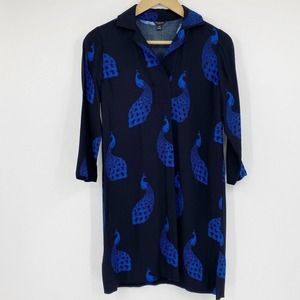 Ann Taylor Long Sleeve Shift Dress Rayon Black Blue Peacock Sz XXS Petite